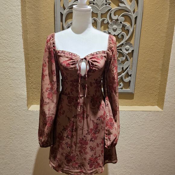 Romantic Cottagecore Floral Top Milkmaid Ruched Whimsy Boho Peplum Sheer Dress S - Picture 3 of 11